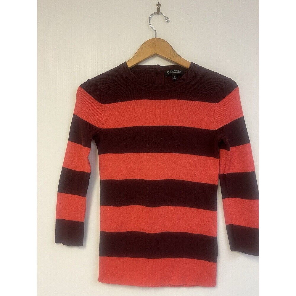 Banana Republic Sweater Womens S Wine Coral Stripes Cotton Cashmere 3/4 Sleeves